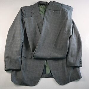 Vtg Merit 44L 40x34 Gray Green Windowpane USA Made Mens Jacket Pants Suit